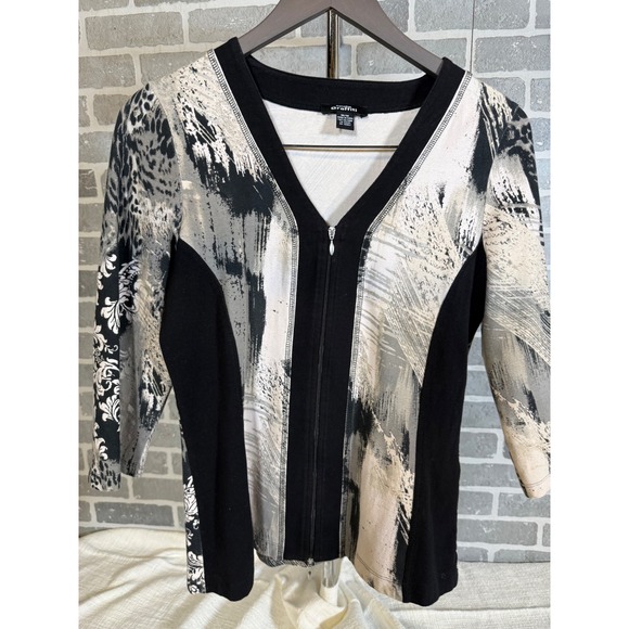 Canadian Graffiti Tops - Canadian Graffiti Womens Medium Mixed‎ Print Zip Front 3/4 Sleeve Top Black Gray